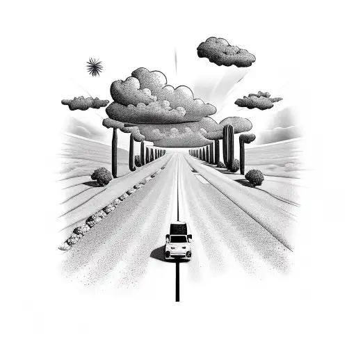 schoolbus driving down a long road with cumulus clouds above. the desert on one side of the road and a farm on the other tattoo design idea