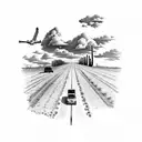 schoolbus driving down a long road with cumulus clouds above. arizona desert on the left and farm on the right tattoo design idea