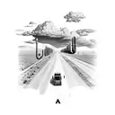 schoolbus driving down a long road with cumulus clouds above. arizona desert on the left and farm on the right tattoo design idea