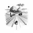 schoolbus driving down a long road with cumulus clouds above. arizona desert on the left and farm on the right tattoo design idea