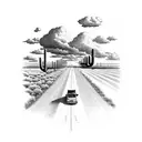 schoolbus driving down a long road with cumulus clouds above. arizona desert on the left and farm on the right tattoo design idea