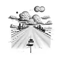schoolbus driving down a long road with cumulus clouds above. the desert on one side of the road and a farm on the other tattoo design idea