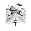 schoolbus driving down a long road with cumulus clouds above. the desert on one side of the road and a farm on the other tattoo design idea