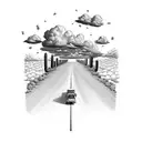 schoolbus driving down a long road with cumulus clouds above. the desert on one side of the road and a farm on the other tattoo design idea