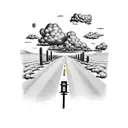 schoolbus driving down a long road with cumulus clouds above. the desert on one side of the road and a farm on the other tattoo design idea