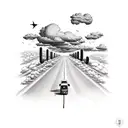 schoolbus driving down a long road with cumulus clouds above. the desert on one side of the road and a farm on the other tattoo design idea