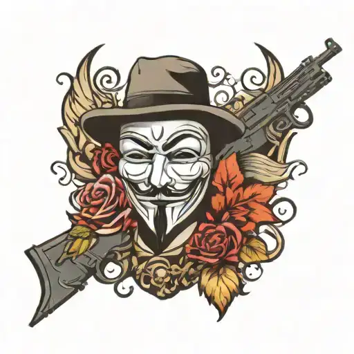 anonymous mask, assault rifle tattoo design idea