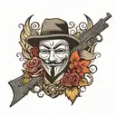 anonymous mask, assault rifle tattoo design idea