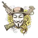 anonymous mask, assault rifle tattoo design idea
