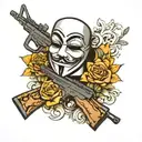 anonymous mask, assault rifle tattoo design idea