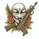 anonymous mask, assault rifle tattoo design idea