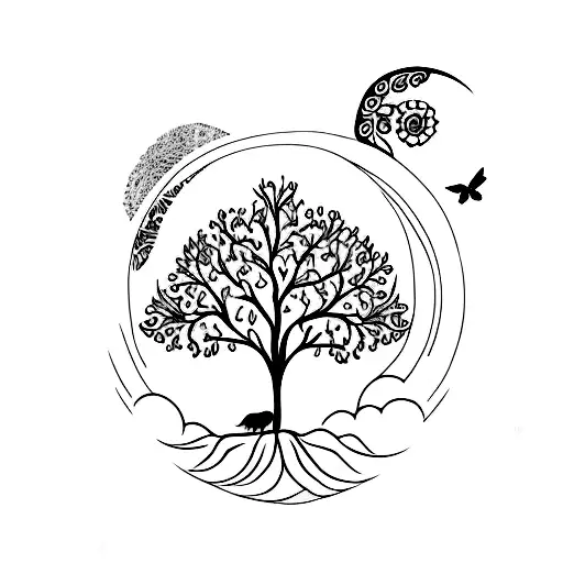 tree of life with moon and crow and butterfly tattoo design idea