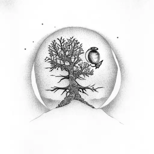 tree with butterfly, moon and crow tattoo design idea