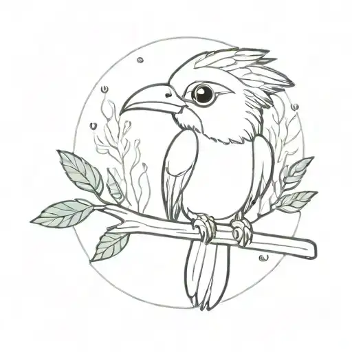 A cute chibi version of a Quetzal bird in a forest setting tattoo design idea