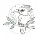 A cute chibi version of a Quetzal bird in a forest setting tattoo design idea