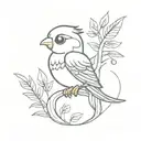 A cute chibi version of a Quetzal bird in a forest setting tattoo design idea
