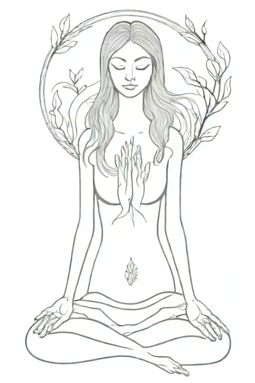 feminine spiritual goddess rooted into earth hands in meditation position long free flowing hair  tattoo design idea