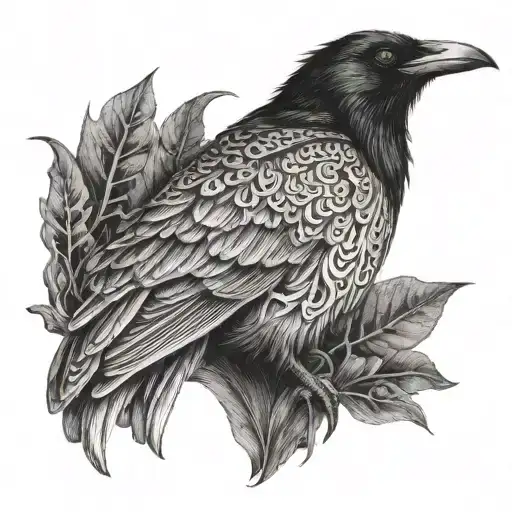 Illustrate a mystical crow with intricate wood grain patterns in its feathers, embodying the spirit of both woodworking and The Crow movie tattoo design idea