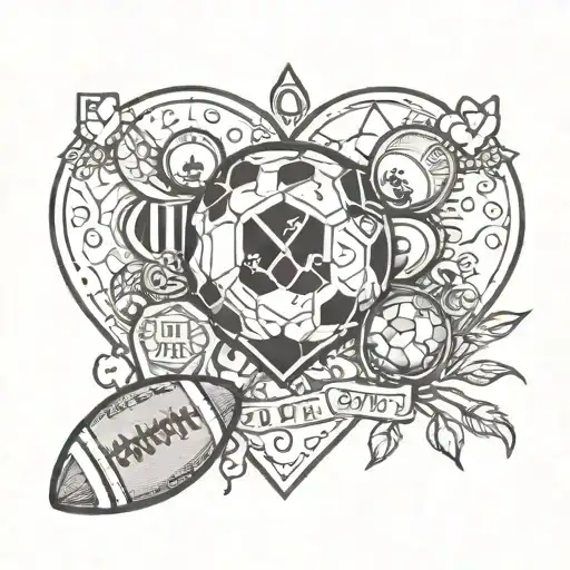 A football surrounded by various family symbols like hearts, initials, and dates tattoo design idea
