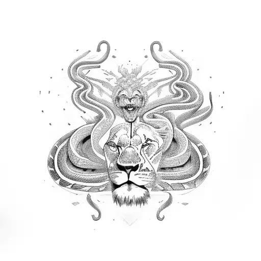 the snake wraps around the lion tattoo design idea