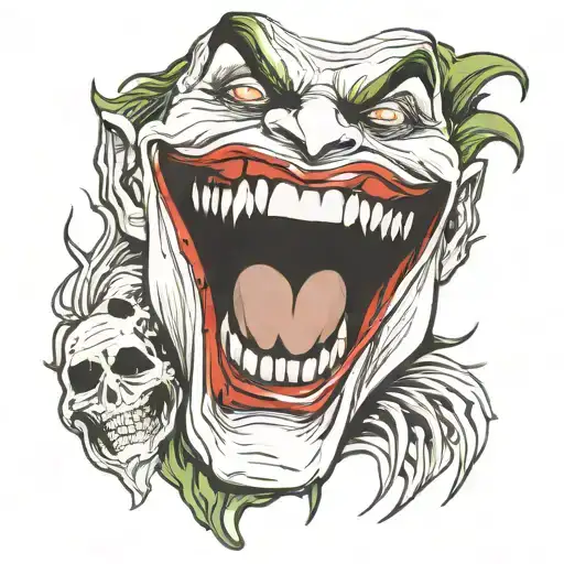 Tattoo design of the Joker's smile with 'HAHAHA' in black and white. The smile should be wide and exaggerated, with the  tattoo design idea