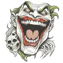 Tattoo design of the Joker's smile with 'HAHAHA' in black and white. The smile should be wide and exaggerated, with the  tattoo design idea