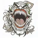 Tattoo design of the Joker's smile with 'HAHAHA' in black and white. The smile should be wide and exaggerated, with the  tattoo design idea