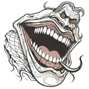 Tattoo design of the Joker's smile with 'HAHAHA' in black and white. The smile should be wide and exaggerated, with the  tattoo design idea