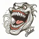 Tattoo design of the Joker's smile with 'HAHAHA' in black and white. The smile should be wide and exaggerated, with the  tattoo design idea