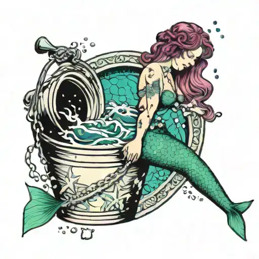 A mermaid pouring out the Aquarius bucket, in the water is these three star signs: Sagittarius Aries Pisces tattoo design idea