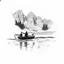 A sketch-style tattoo of a fisherman pulling a trout out of the river, with the stunning Grand Teton mountains in the distance tattoo design idea