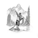 A sketch-style tattoo of a fisherman pulling a trout out of the river, with the stunning Grand Teton mountains in the distance tattoo design idea