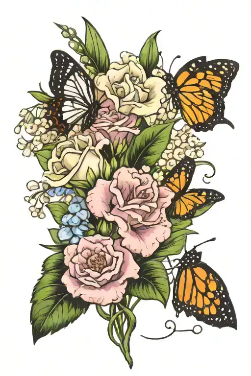 2 carnations 2 snowdrops 1 violet 1 iris 1 lily of the valley 2 honey suckle 2 rose  with leafs and 4 butterflies  tattoo design idea