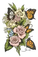2 carnations 2 snowdrops 1 violet 1 iris 1 lily of the valley 2 honey suckle 2 rose  with leafs and 4 butterflies  tattoo design idea