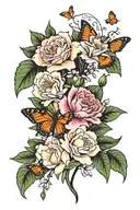 2 carnations 2 snowdrops 1 violet 1 iris 1 lily of the valley 2 honey suckle 2 rose  with leafs and 4 butterflies  tattoo design idea