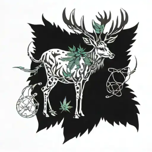 A detailed blackwork tattoo of a majestic deer surrounded by fishing hooks and cannabis leaves tattoo design idea