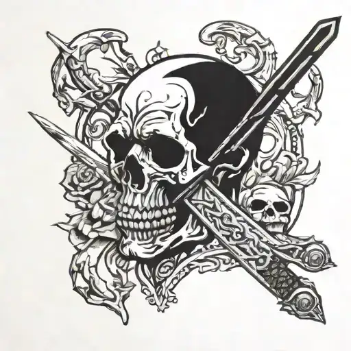 Butcher holding a sword with a skull in the background tattoo design idea