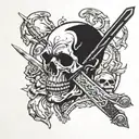Butcher holding a sword with a skull in the background tattoo design idea