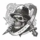 Butcher holding a sword with a skull in the background tattoo design idea