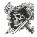 Butcher holding a sword with a skull in the background tattoo design idea