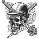 Butcher holding a sword with a skull in the background tattoo design idea