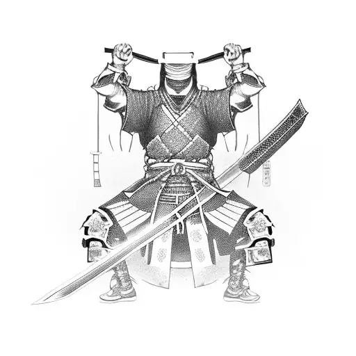 A fierce samurai warrior wielding a glowing katana in a virtual reality gaming world tattoo design idea