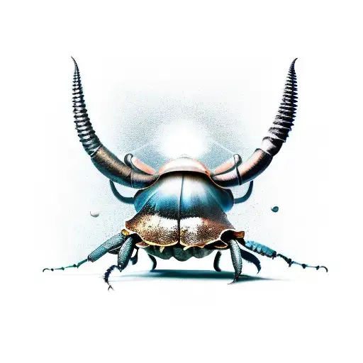 Combine a rhinoceros beetle and a mushroom in a surreal and magical scene tattoo design idea