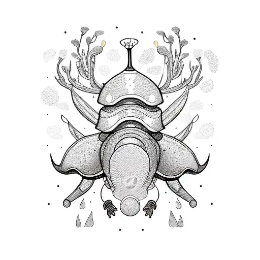 Illustrate a magical forest scene with glowing mushrooms and a rhinoceros beetle as the central focus tattoo design idea