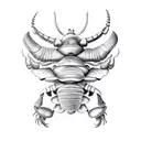 Combine a rhinoceros beetle and a mushroom in a surreal and magical colour tattoo design idea