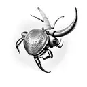 Combine a rhinoceros beetle and a mushroom in a surreal and magical colour tattoo design idea