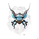 Combine a rhinoceros beetle and a mushroom in a surreal and magical colour tattoo design idea