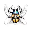 Design a realistic tattoo of a rhinoceros beetle perched on a mushroom with intricate details tattoo design idea