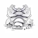 Combine a rhinoceros beetle and a mushroom in a surreal and magical scene tattoo design idea