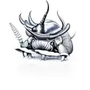 Combine a rhinoceros beetle and a mushroom in a surreal and magical scene tattoo design idea